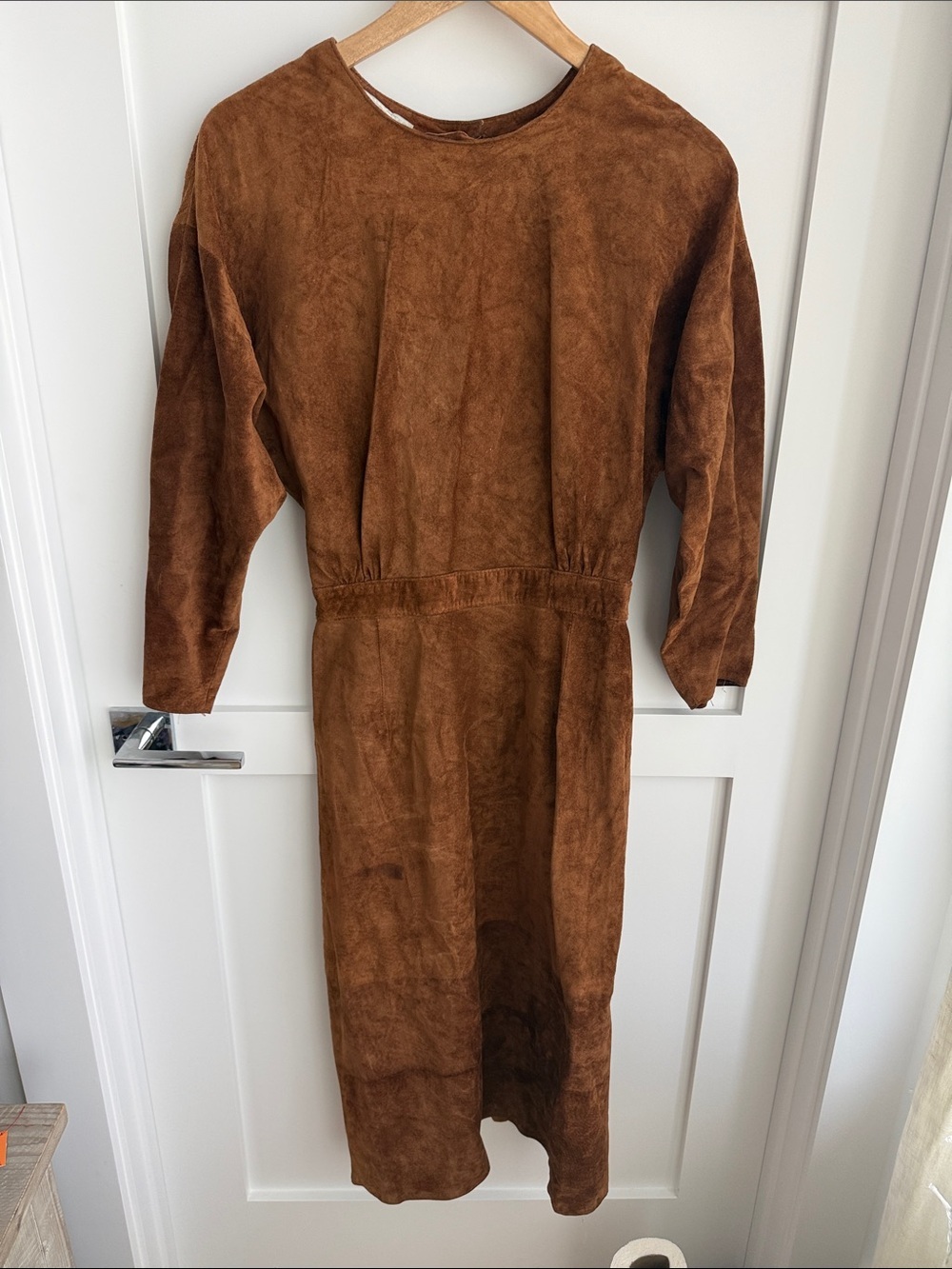 Rare Vintage 100% suede leather brown midi dress